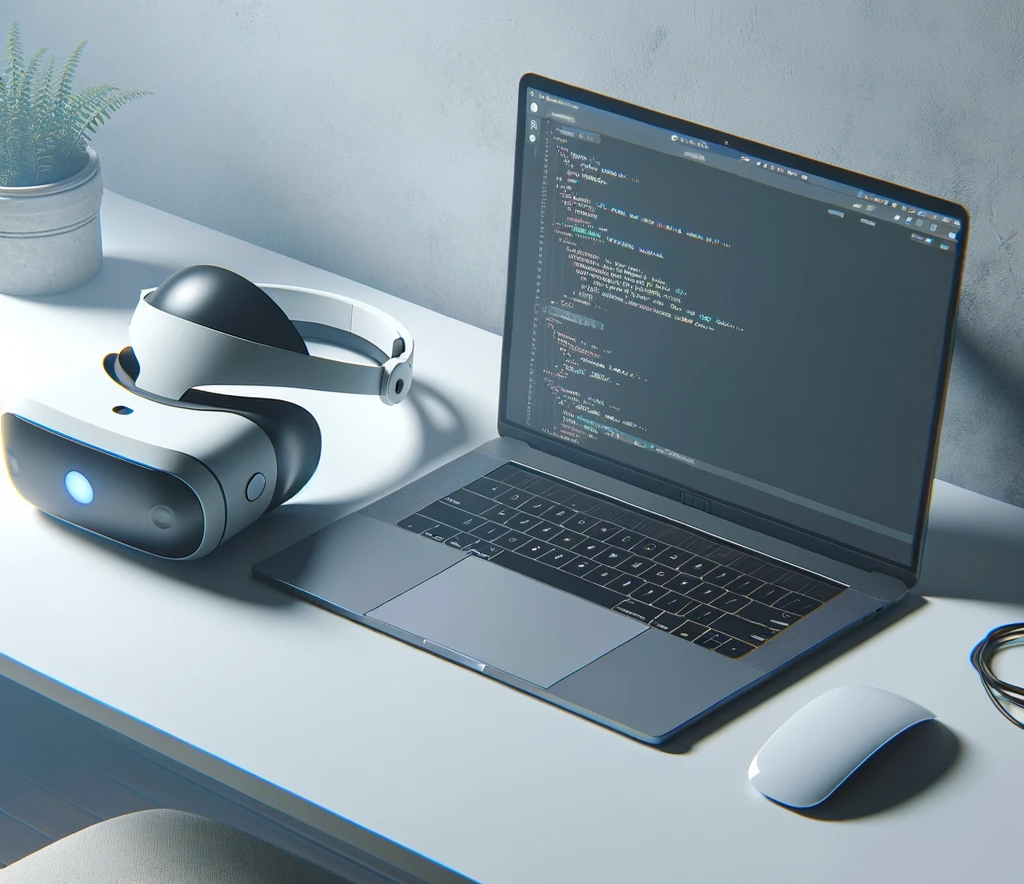 A developer's minimalist workspace featuring a laptop with code on the screen and a Vision Pro headset, highlighting the AR/VR programming process