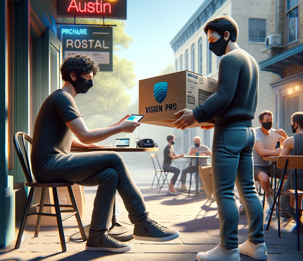 Two people exchange a new Vision Pro in a bright Austin setting, with one person presenting an unopened box and the other using a smartphone to make a payment.